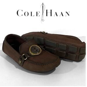 Cole Haan Brown Suede Leather Loafers with Gold Equestrian Buckle, Women's 6.5